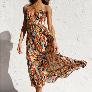 Commense Multicolor Brushstroke Maxi Dress in Orange, Green & Blue